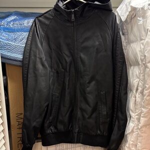 Men's Black Hooded Faux Leather Jacket